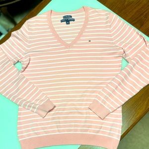 Tommy Hilfiger Pima cotton v- neck pink and white striped sweater size L